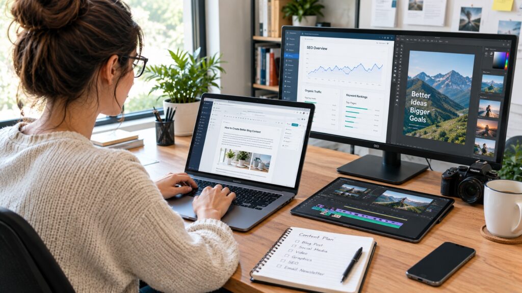 Blogger managing content, SEO, graphic design, and video tasks with digital tools