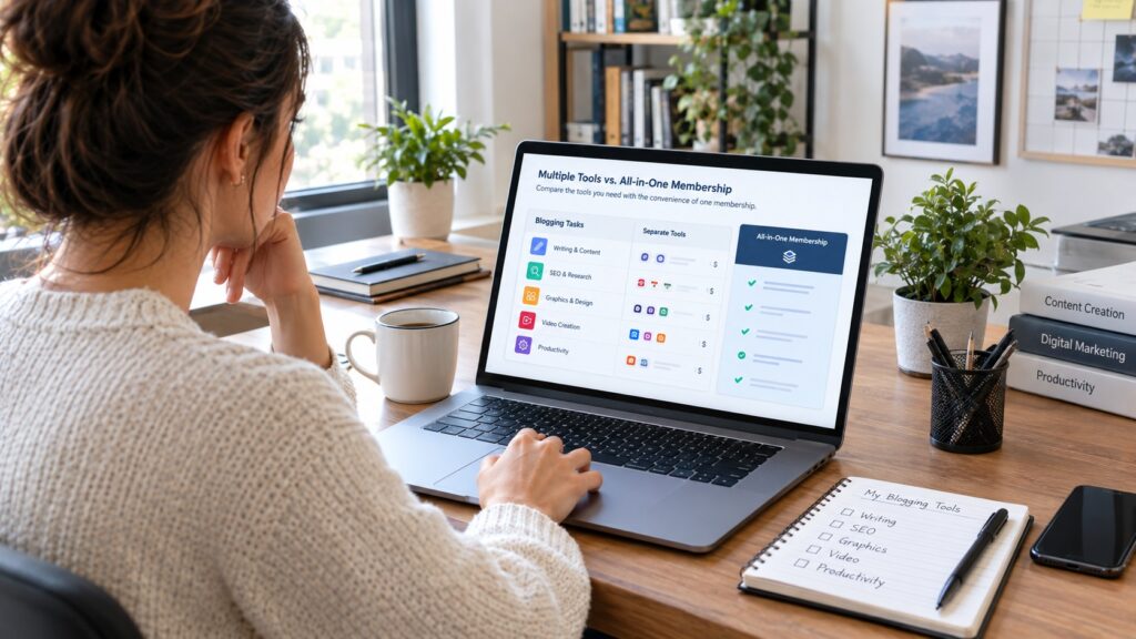 Blogger comparing the cost of multiple digital tools with an all-in-one membership