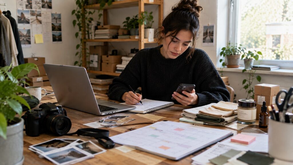 Small business owner managing multiple digital and marketing tasks