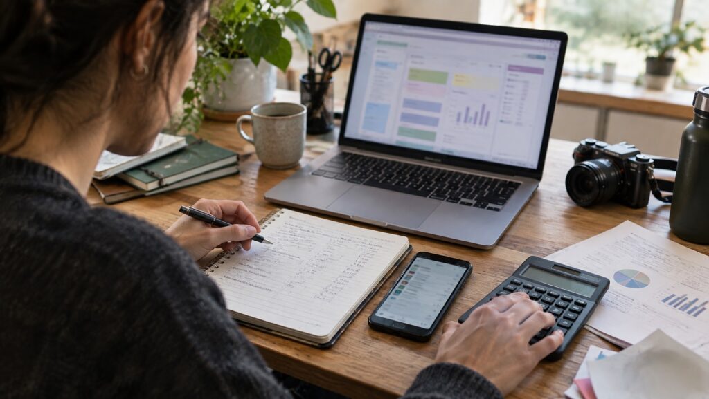 Small business owner comparing digital tools and software costs