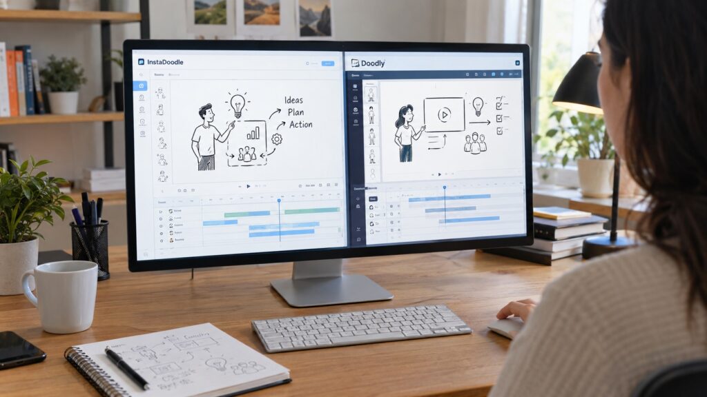 Side-by-side comparison of InstaDoodle and Doodly whiteboard animation software