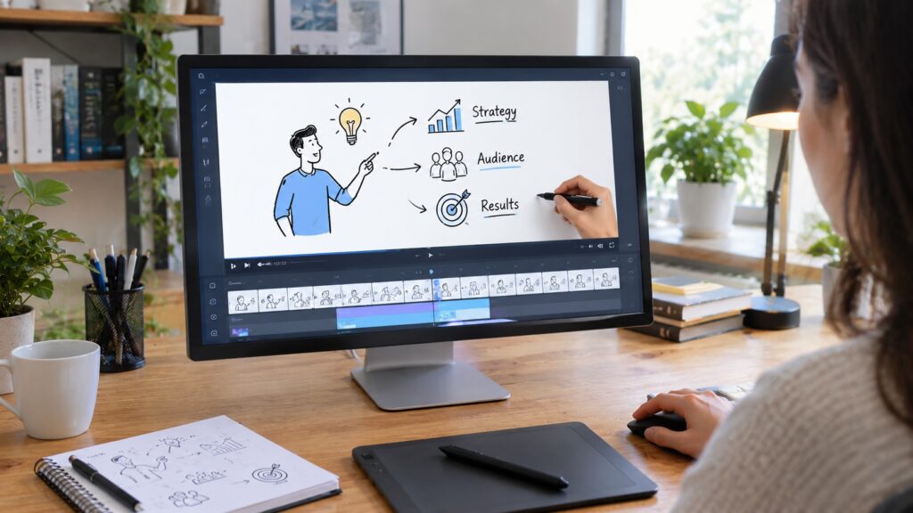 Creator making a whiteboard animation video with drawing and editing tools