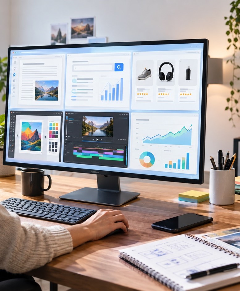 Content creator designing thumbnails graphics and social media visuals