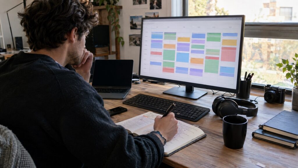 Content creator organizing a weekly content production workflow