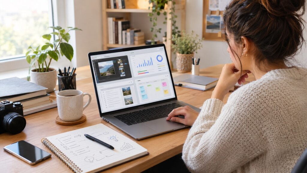 Online entrepreneur managing multiple business activities