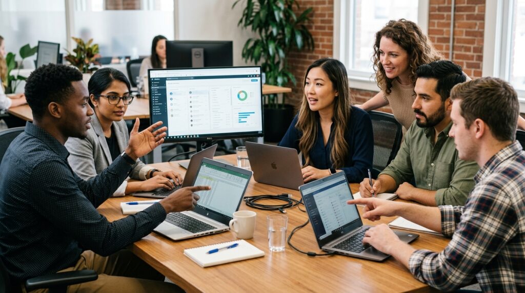 Small business team using multiple digital tools for online tasks