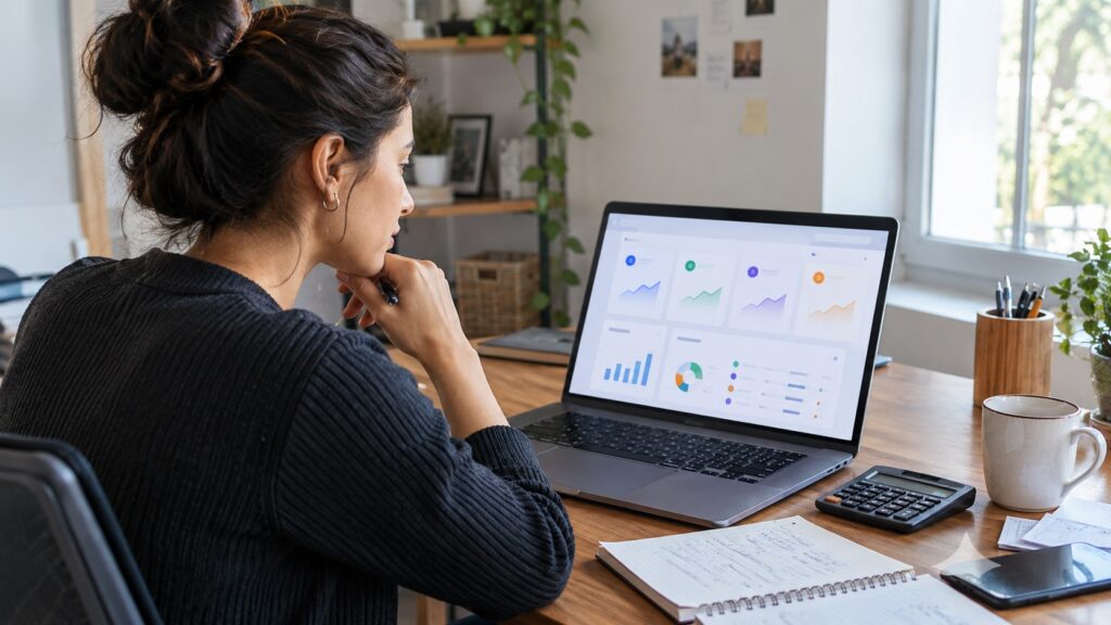 Online entrepreneur comparing digital tools and business expenses