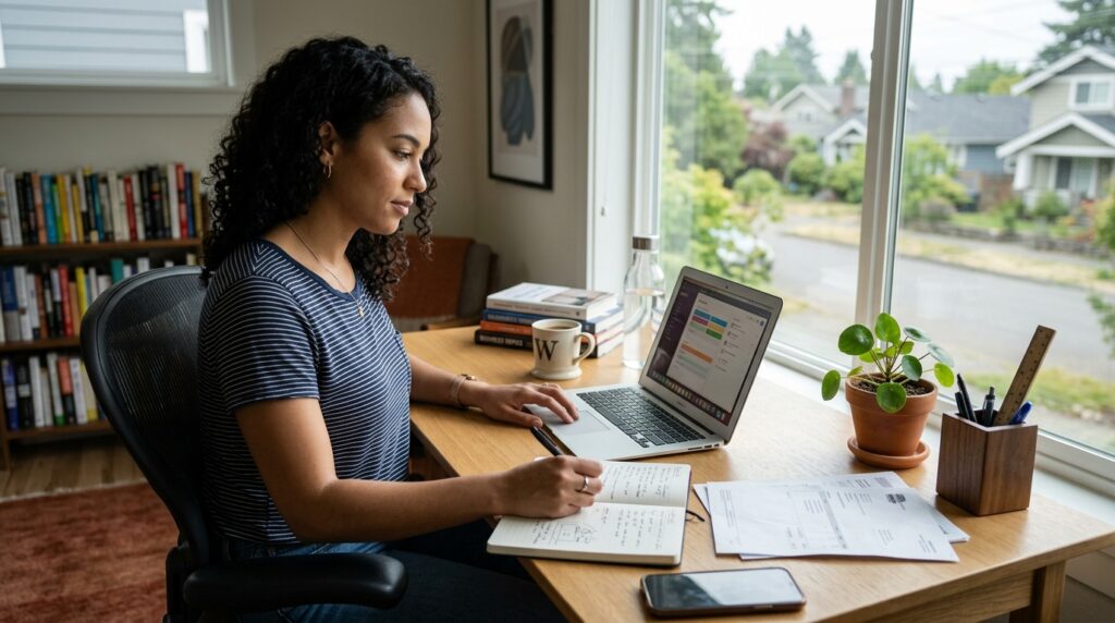 Entrepreneur organizing digital subscriptions and online business tasks