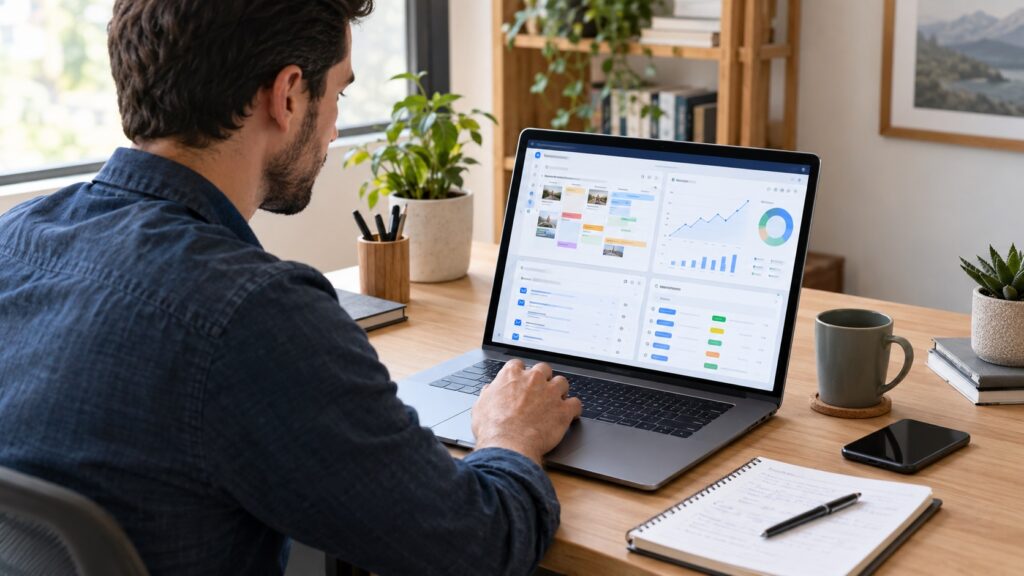 Solopreneur managing content marketing and business tasks