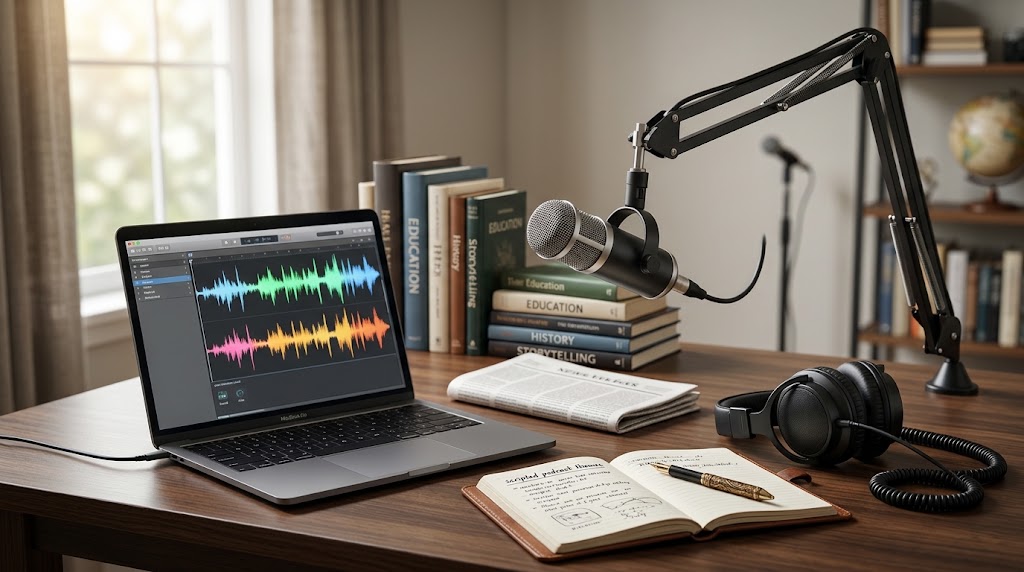 Podcast microphone, headphones, and laptop for AI-narrated content