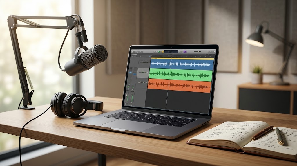 Editing AI-generated podcast narration on a laptop with microphone and headphones